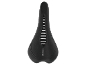 Black bicycle saddle with a pressure relief cutout and embossed details.