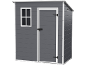 Grey garden shed with white trim, window, and door.