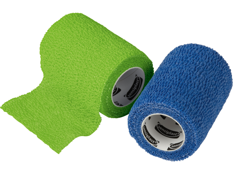 Two rolls of self-adhesive bandage: one green, one blue.