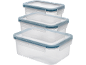 Three stacked clear plastic food storage containers with blue lids.