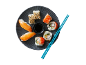 Sushi assortment with salmon, maki, and soy sauce on a grey plate with blue chopsticks.