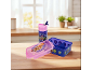 Kids' bottle and lunchbox with cartoon theme on a wooden table.