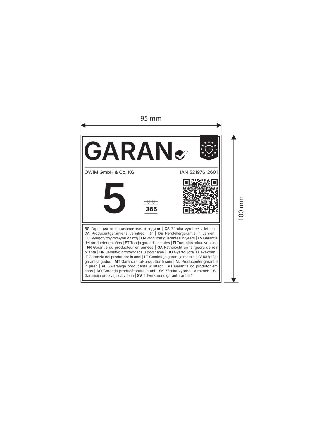5-year warranty, 365 days, dimensions 95 mm x 100 mm.