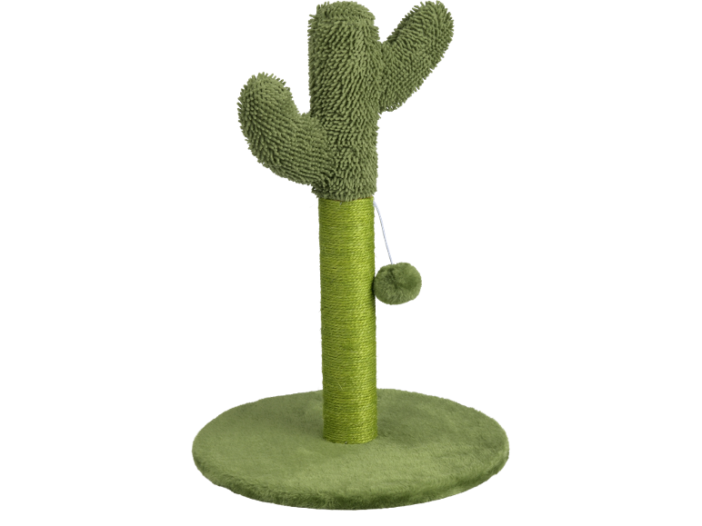 Green cactus-shaped cat scratching post with a dangling ball.
