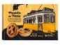 Pastéis de Nata packaging, featuring a Lisbon tram and two tarts.