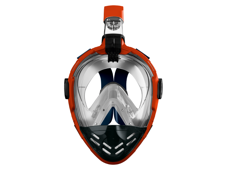 Orange full-face snorkeling mask with black and transparent details.