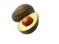 Whole avocado and halved avocado with pit on black background.