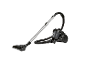 Black bagless cylinder vacuum cleaner with a silver telescopic tube and hose