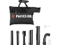 Black collection bag with logo and various leaf blower accessories