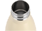 Close-up of the neck of a cream-colored stainless steel thermal bottle.