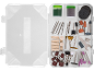 Rotary tool accessory kit with drill bits, cutting and polishing discs in a box.