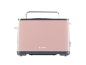 Pink toaster with gray details and a metal handle.