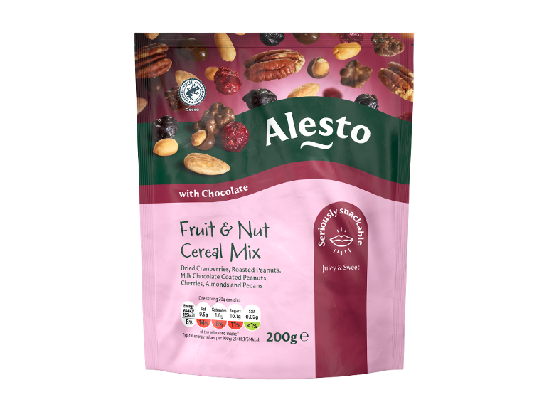 Fruit & nut cereal mix with chocolate, the packaging shows dried fruits and nuts.