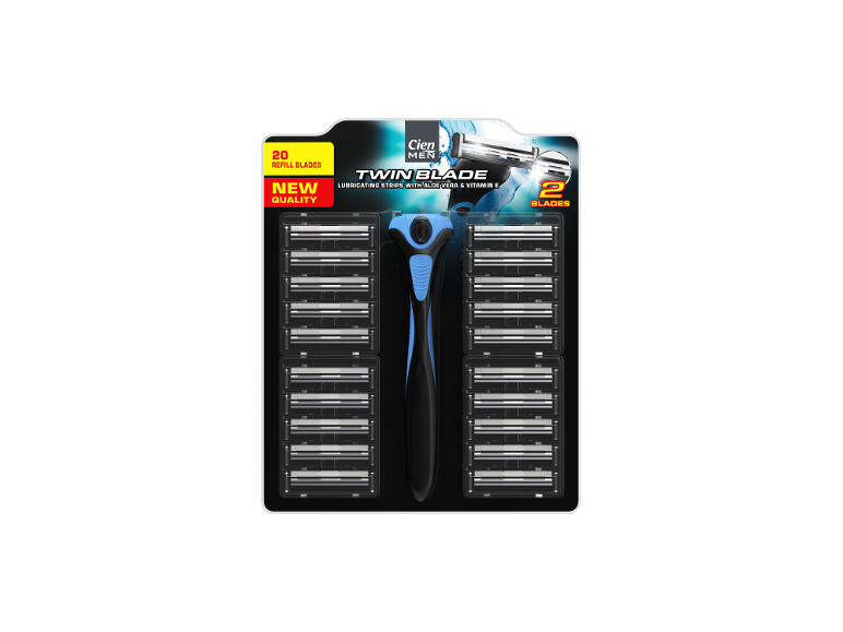 Razor with 20 refill twin blades, lubricating strips with aloe vera and vitamin E.
