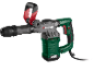 Green and grey demolition hammer with a red auxiliary handle and a black power cord.