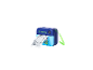 Blue instant print camera with a Paw Patrol design, printing a black and white image.