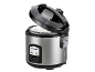 Stainless steel rice cooker with open lid and steaming rice