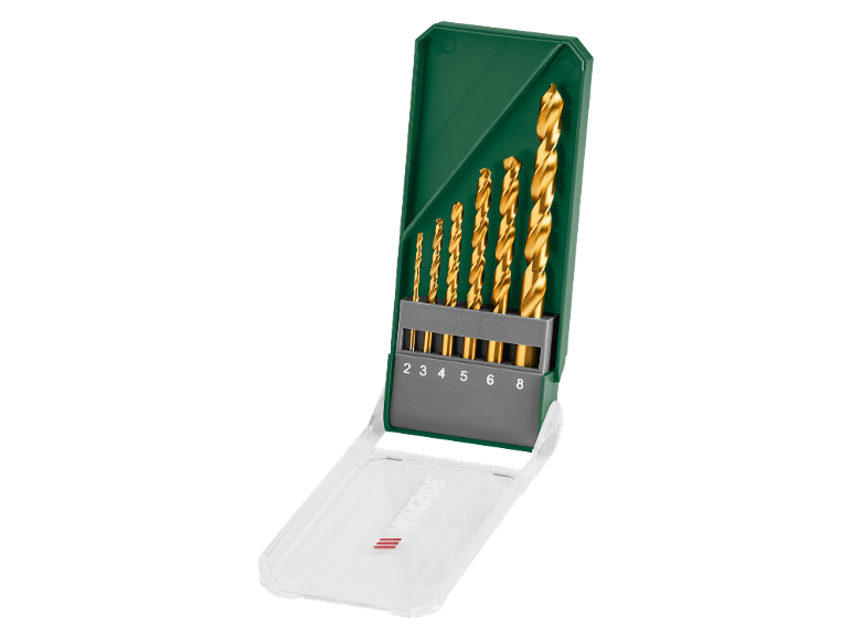 Titanium drill bit set in a green case, sizes from 2 to 8 mm.