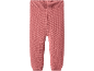 Pink knitted baby trousers with ribbed waist and cuffs.