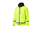 Fluorescent yellow safety jacket with a black hood and reflective details.