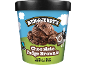 Chocolate ice cream with brownie pieces in a tub, with a cow and Fairtrade logo.