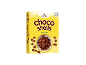 Yellow cereal box with chocolate shells, a bowl, and scattered flakes.