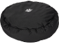 Round black pet bed with a white paw print.