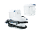 White carpet cleaner with a transparent water tank and hose.