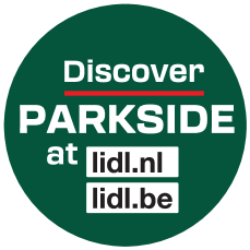 Green seal with white text: Discover PARKSIDE at lidl.nl and lidl.be.