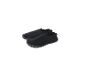 A pair of black water shoes with red stitching details.