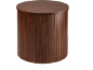 Round wooden bedside table with vertical slats.