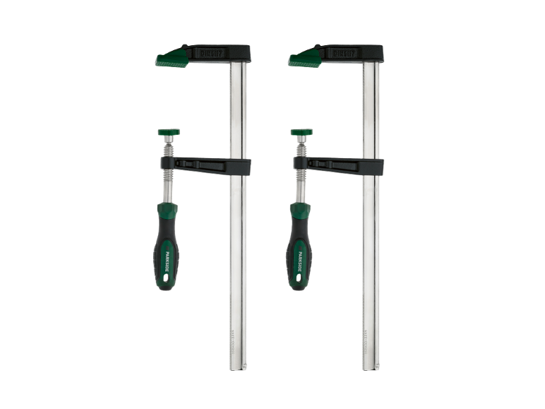 Two bar clamps with green handles and black accents, DIN5117, 350x80-22x6.