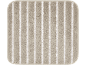 Beige bath mat with light vertical stripes and rounded corners.