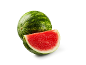 Whole watermelon and a juicy slice on a white background.
