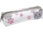 Clear pencil case with grey cat head and pink paw print motifs.