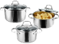 Three stainless steel pots with glass lids, one filled with potatoes.