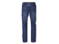 Blue work jeans with cargo pockets and an elastic waistband.