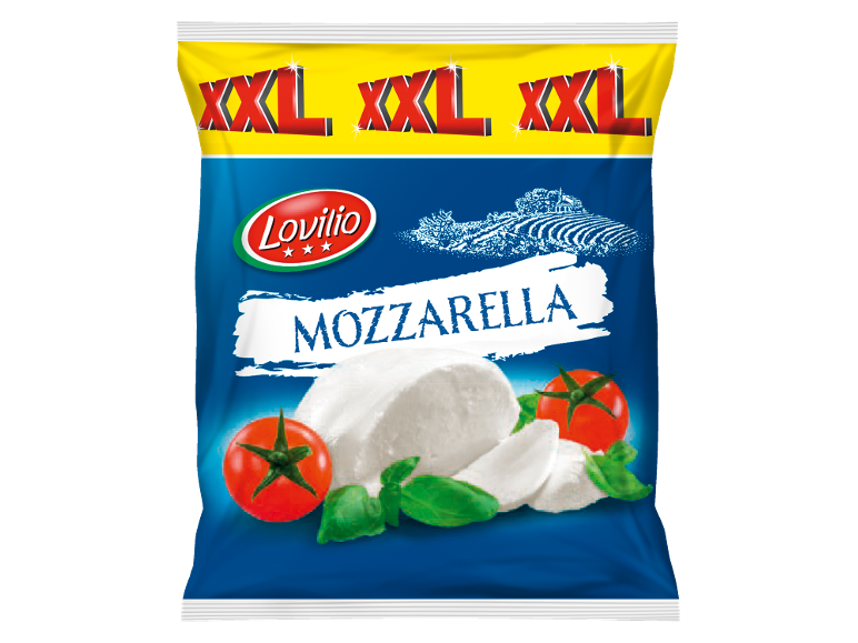XXL mozzarella package with tomatoes and basil on a blue and yellow background.