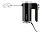 Black hand mixer with a whisk attachment and silver accents.