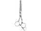 Metal hair thinning scissors with silver handles and a serrated blade