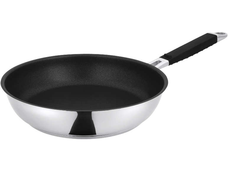 Silver-colored frying pan with black non-stick coating and black handle.
