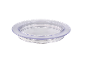 Transparent, round plastic lid for food container.