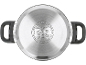 Bottom of a stainless steel cooking pot with handles, showing cooking hob compatibility symbols.
