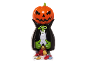 Halloween candy dispenser in the shape of a pumpkin dressed as a vampire.