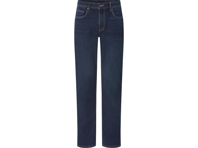 Dark blue men's jeans with contrasting stitching.