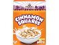 Box of Cinnamon Squares cereal with a bowl of cereal and milk, 15 servings.