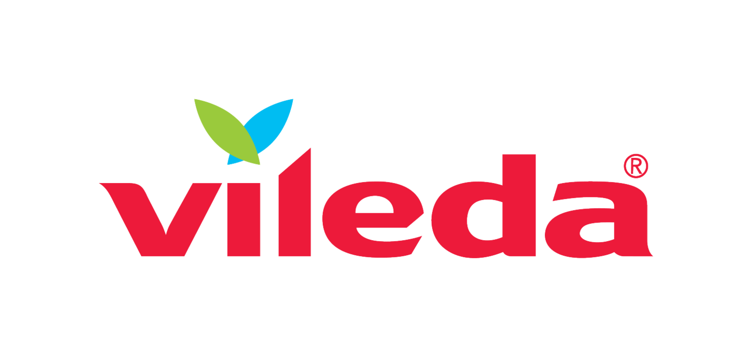 Logo with the word 'vileda' in red and two stylized leaves above the 'i'.