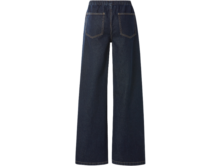 Dark blue women's wide-leg jeans with an elastic waistband and back pockets.