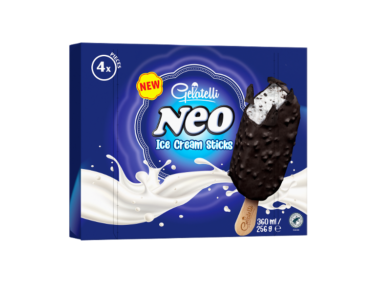 Blue ice cream packaging with 4 chocolate-covered ice cream sticks and milk.