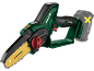 Cordless mini chainsaw with a yellow blade and green handle, battery not included.